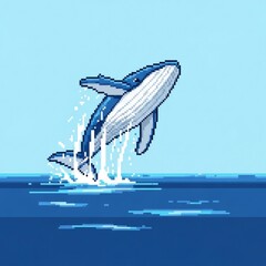 青いクジラが海から飛び出すピクセルアート