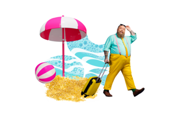 Composite photo collage of astonished overweight belly man walk resort beach carry suitcase umbrella ball isolated on painted background