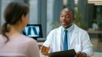 Cinematic footage of a compassionate doctor discussing nuclear diagnostic scan results with a patient, highlighting trust and healthcare innovation. - Powered by Adobe