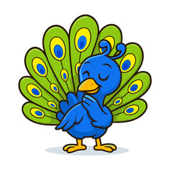 Cute cartoon peacock mascot with closed eyes