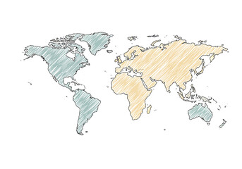 Handdrawn world map blue shading on America and Australia yellow on EurasiaAfrica