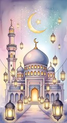 Obraz premium Ramadan Lanterns Illuminating a Mosque Under a Crescent Moon and Star