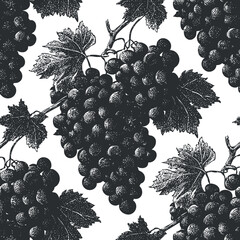 Fototapeta premium A detailed black and white illustration of grape clusters and leaves creating a repeating pattern..