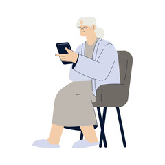 Old Woman Character with Tablet Use Internet and Modern Gadget Vector Illustration