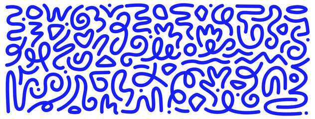 Hand-Drawn Doodle Seamless Pattern Banner with abstract elements in Bright Blue Minimalist Style
