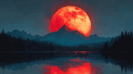 Red moon over mountains