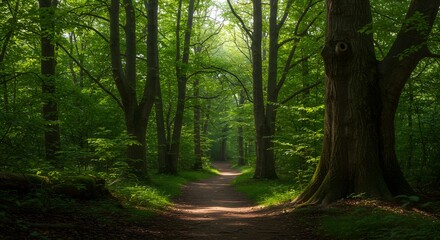 Obraz premium Sunlit path winding through a lush green forest with tall trees.