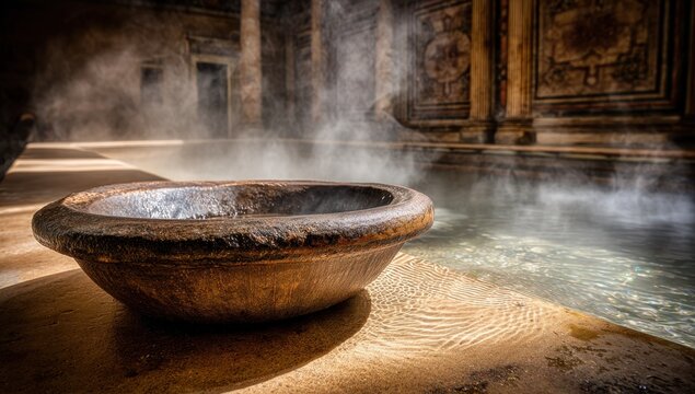 Ancient Roman bath, steaming water, stone basin