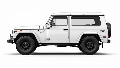 Generated imageWhite off road SUV vehicle shown in clean side view isolated on white background. Rugged transportation concept representing adventure travel, utility vehicles, mobility, and automotive