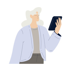 Old Woman Character with Tablet Use Internet and Modern Gadget Vector Illustration