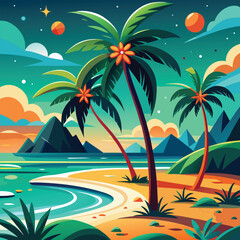 Exotic summer holiday beach with calm turquoise water, golden sand and palm tree scenery vector