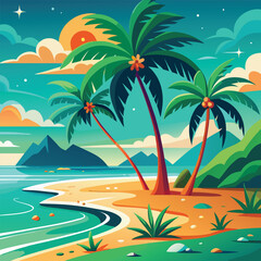 Peaceful tropical beach with coconut palms, seashells and turquoise sea water illustration