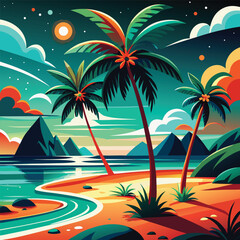 Tropical paradise island with sandy shore, turquoise waves and palm tree shadows digital art