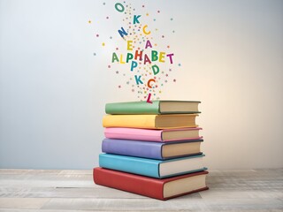 Stack of Colorful Books with Floating Alphabet Letters Conceptual Learning