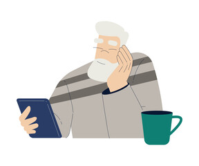 Old Man Character with Tablet Use Internet and Modern Gadget Vector Illustration
