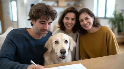 Capture the heartwarming moment of a family adopting a rescued dog, surrounded by smiling volunteers, embodying the joy of responsible pet ownership and family values.