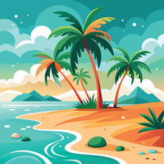 Seaside paradise with fishing boat on turquoise sea framed by palm leaves and sandy shore digital art