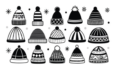 Many winter hats are scattered around the frame in a playful black and white pattern