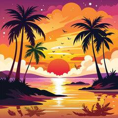 Exotic island beach with crystal clear turquoise sea and tall coconut palm trees vector art