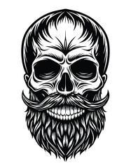 Monochromatic skull art shows intricate line work that forms a mustache and beard