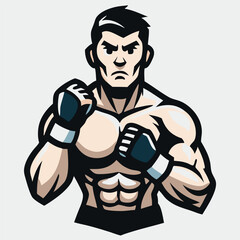 Muscular fighter with determined look stands poised to strike while wearing boxing gloves for protection