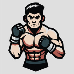 Muscular man wearing boxing gloves and a belt strikes a fighting pose confidently
