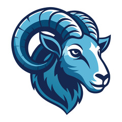 Majestic blue ram head boldly stares forward with its impressive, spiraling horns displayed