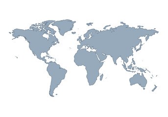 World map outline in grey showing continents and islands on a white background