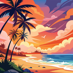 Magical sunset horizon at tropical beach with colorful clouds and calm sea waves illustration