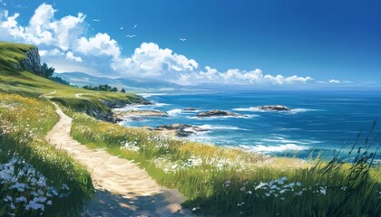 A scenic coastal path meanders through lush green grass and wildflowers alongside a rocky shoreline with gentle ocean waves on a bright sunny day.
