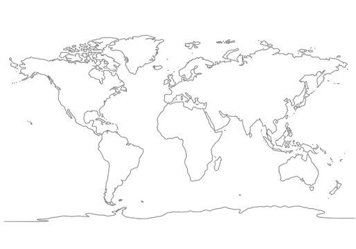 World map outline showing continents  Antarctica in gray lines on a white background