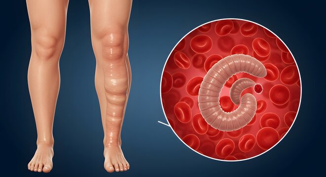 Illustration of a leg affected by lymphatic filariasis, with a close-up of a worm.