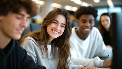 Explore cinematic footage of diverse university students collaborating on Chinese IT solutions in a state-of-the-art computer lab, showcasing global education and knowledge exchange. - Powered by Adobe