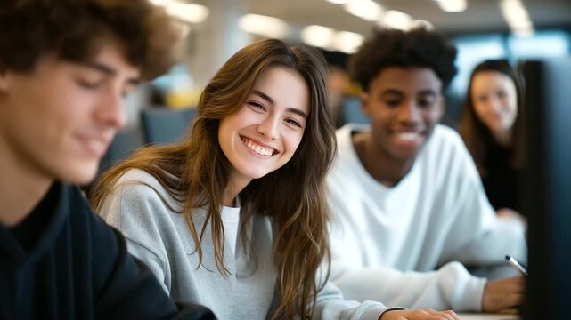 Explore cinematic footage of diverse university students collaborating on Chinese IT solutions in a state-of-the-art computer lab, showcasing global education and knowledge exchange.