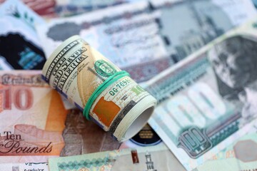 Egyptian pound currency money bills and bunch of us dollars. The concept of currency exchange
