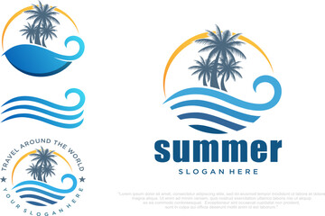 Beach logo design . Summer beach, vacation, travel, tropical paradise emblems. Vector illustration