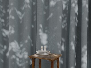 Rustic wooden table with books and candles in front of  Slate Blue-Gray curtain, natural sunlight shadow interior mockup background 