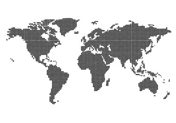 World map silhouette constructed from rectangular blocks with gridlines