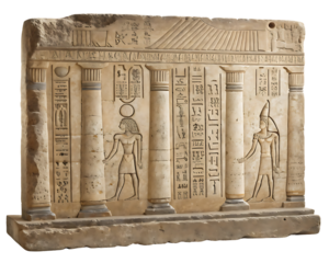 Ancient Egyptian Stone Relief with Hieroglyphs Depicting Gods and Royal Figures in a Temple Setting