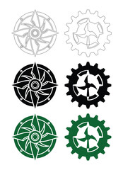 Fototapeta premium Wind Turbine Gear Icon Set with Renewable Energy, Mechanical Power Generation, and Industrial Technology Symbols in Line, Solid and Color Style