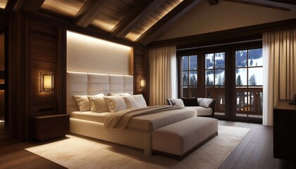 Naklejka premium The image shows a bedroom with a beige upholstered bed, wooden floors, and large windows overlooking a snowy mountain landscape.
