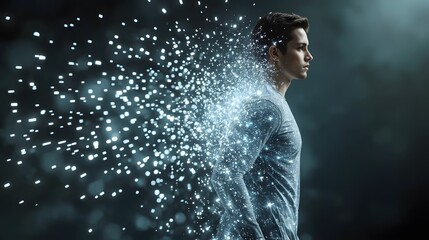 A man dissolving or disintegrating from the left into a stream of bright, glowing white and blue digital particles, representing data, technology, or an abstract concept of vanishing