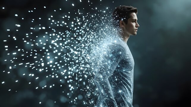 A man dissolving or disintegrating from the left into a stream of bright, glowing white and blue digital particles, representing data, technology, or an abstract concept of vanishing