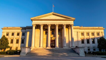 Obraz premium Beige Classical Architecture Building with Colonnade and Steps Under Clear Sky with Trees in Afternoon Golden Sunlight