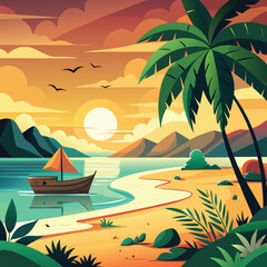 Dramatic tropical sunset sky with shades of pink, purple and orange above palm trees artwork