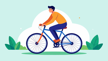 Fototapeta premium Illustration of a man riding a blue bicycle with orange wheels and wearing an orange shirt and blue pants.