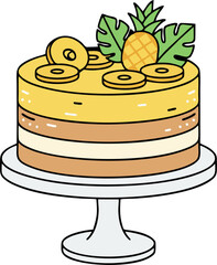 Layered Pineapple Cake with Fruit Rings on Stand – Cute Cartoon Vector Bakery Dessert Illustration