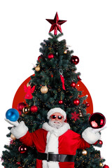 Vertical photo collage of happy old man santa claus stand new year tree decor toy xmas party event snowfall isolated on painted background