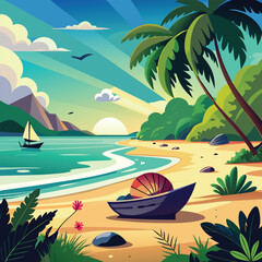 Sunset tropical scenery with coconut trees, glowing sun and colorful evening clouds digital art