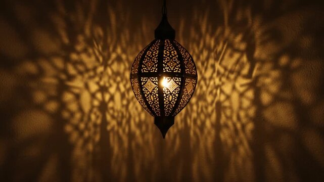 Ornate Moroccan Lantern Casting Intricate Shadows on Wall.
